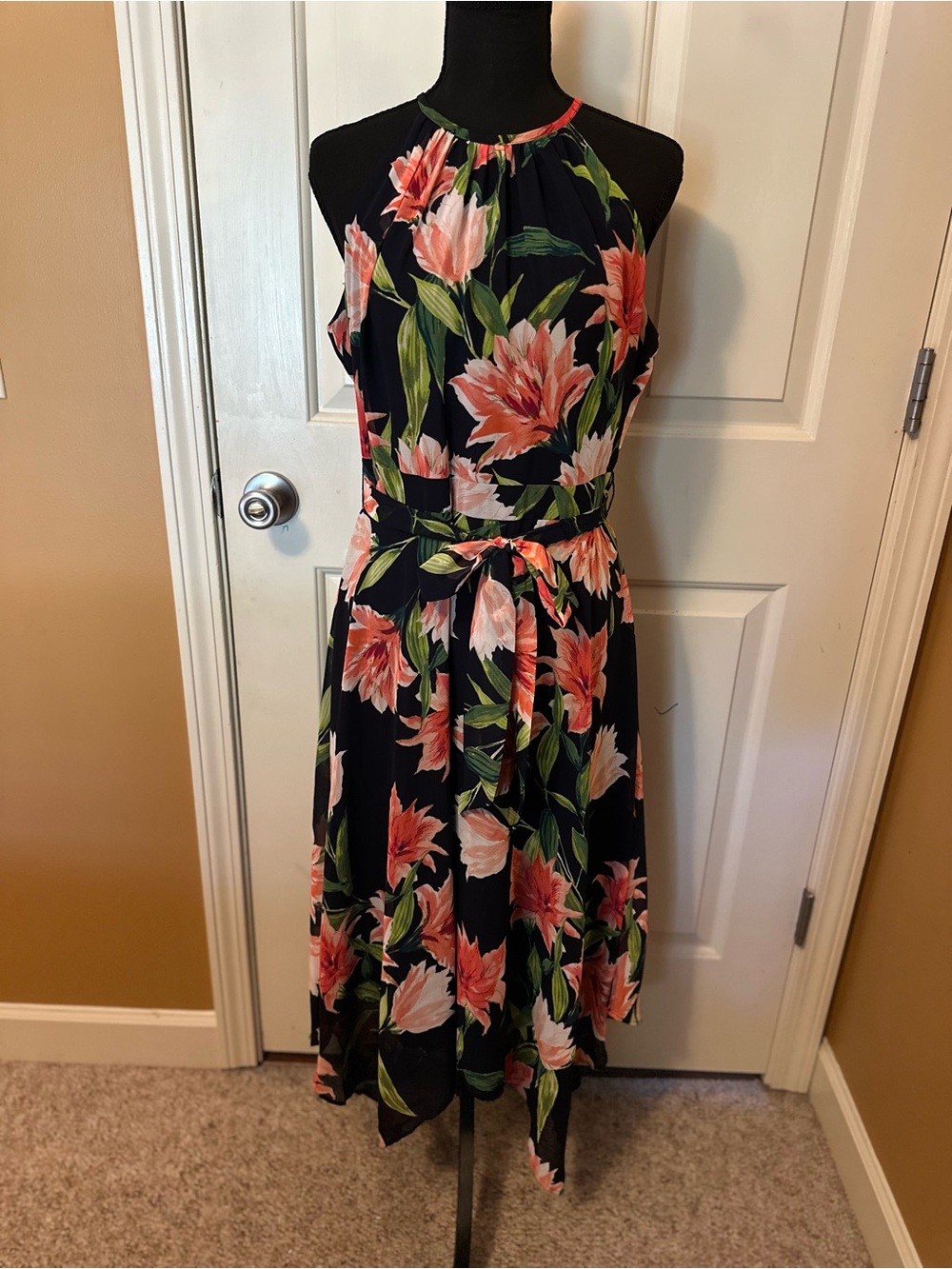 Eliza J Navy Blue Halter Floral handkerchief Dress in Coral and Green - Picture 1 of 12